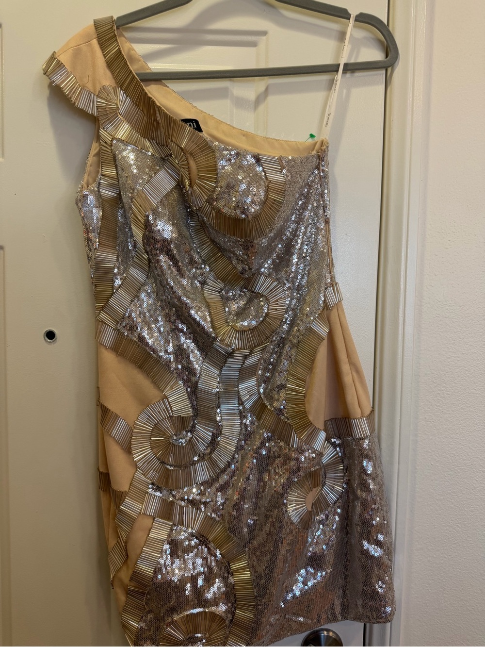 Jovani One-Shoulder Sequin and Metallic Embellished Dress in Champagne Gold